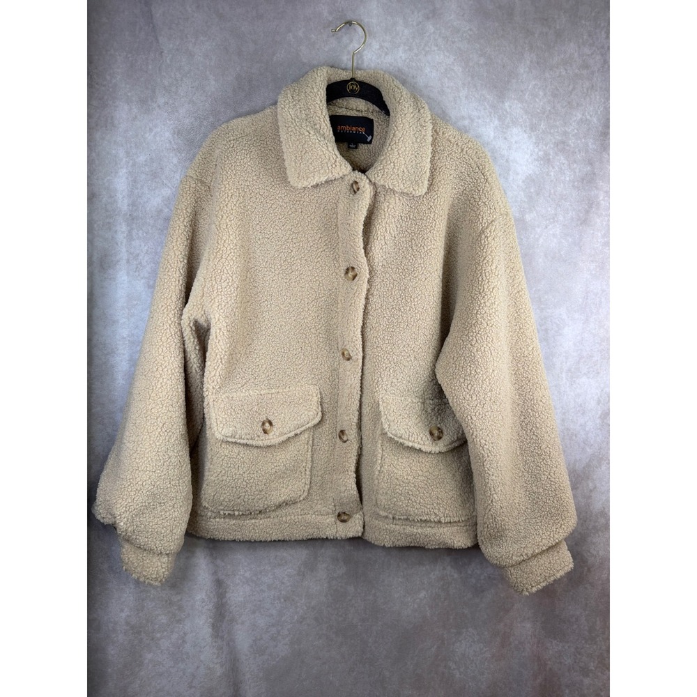 NWT Ambiance Outerwear Sherpa Teddy Jacket Women L Beige Button Up Flap Pockets